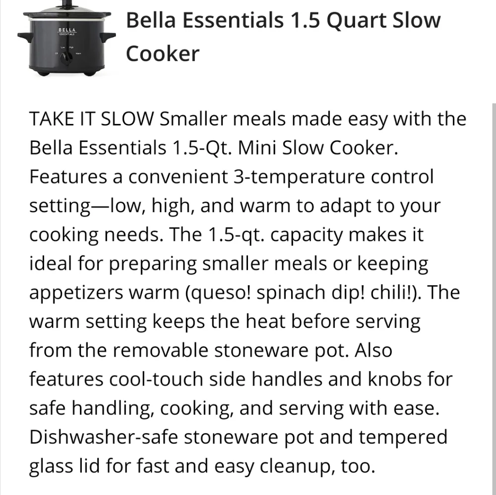 Bella slow cooker, Cheese Warmer 1.5 Quart, New